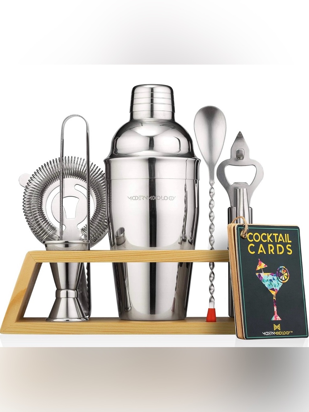 NWT Modern Mixology Stainless Steel Bar Tool Set with Wooden Stand